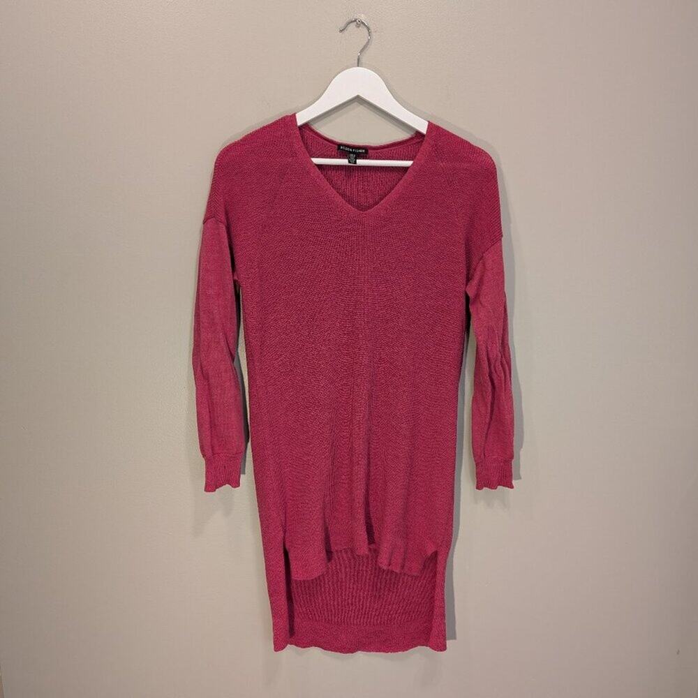 Eileen Fisher 100% Italian Wool Sweater Tunic Top V Neck Pink Casual - Size S